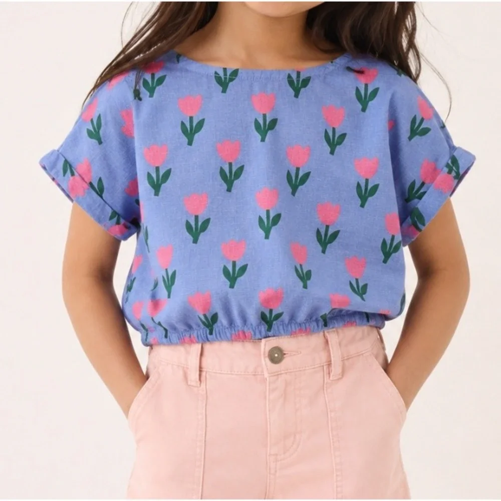 Hanna‎ Andersson Girls Floral Top Size 6-7 (120) Cotton Linen Spring Tulips